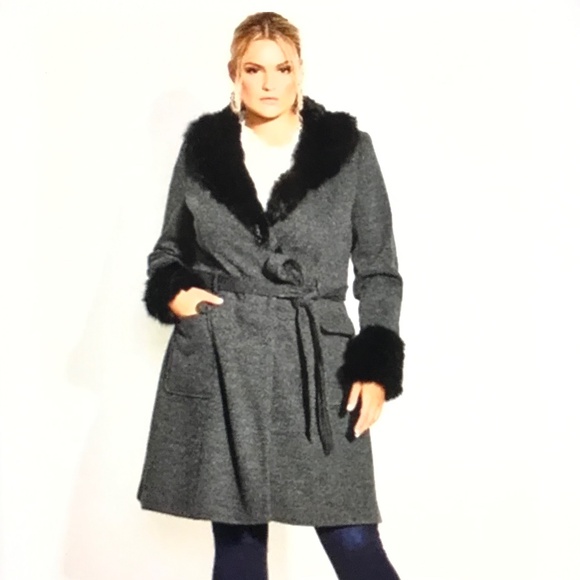 CITY CHIC Penny Lane Make Me Blush Coat Faux Fur Trim Black Gray Plus Size 14 - Picture 1 of 16